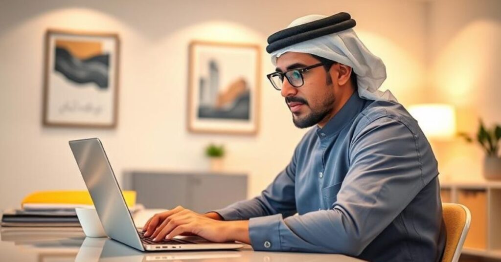 Native Arabic content writer working on a laptop in a modern office, with Arabic text visible on screen and Bluenard brand colors subtly incorporated in the background.